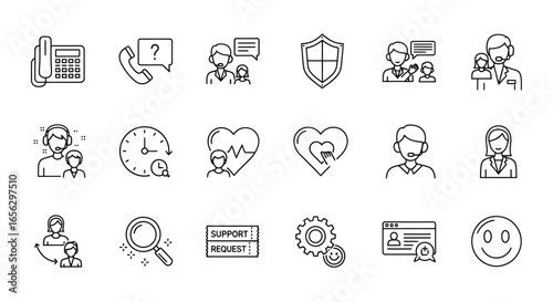 Customer Support and Service Line Icons Set with Telephone Agent and Help Symbols.