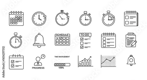 A set of black and white thin line icons representing time management scheduling and productivity concepts.