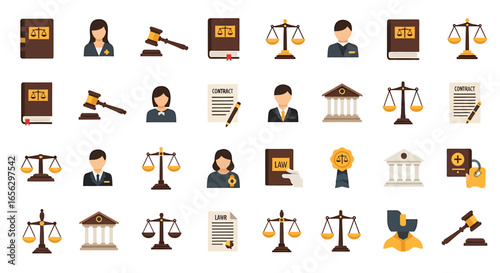 A diverse collection of flat design icons representing law justice and the legal system including gavels scales and books.