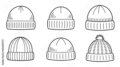 Six black and white line drawings of knitted beanies and winter hats knitted hat bobble hat
