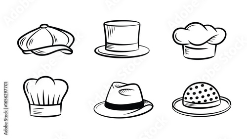 Six black and white line drawings of various hats including chef hats fedora and top hat headwear tophat
