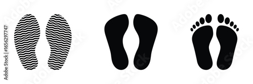 Human shoe footprint icon. Vector footwears. Flat style. Footprints human shoes silhouette. Set of footprints and shoeprints icons in black showing bare feet isolated on white background.