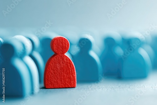 A single red figurine amongst a crowd of blue figures