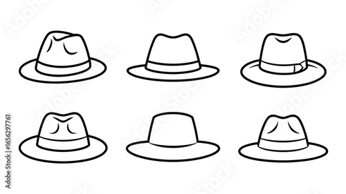 Six black line art fedora hats on a white background headwear fashion