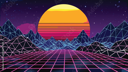 Retro style landscape with grid floor and mountain range under a sunset in a starry night sky scene