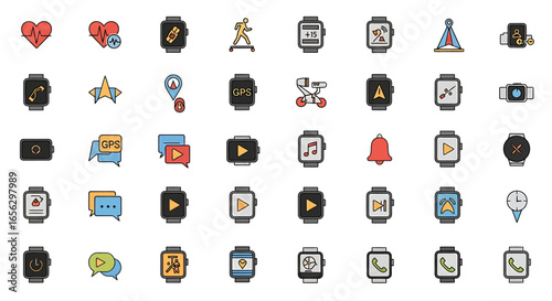 Set of colorful filled outline icons depicting smartwatch functions like health GPS and communication.