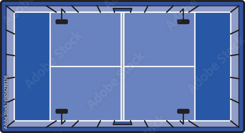 Padel court top view illustration with walls and net, detailed sports field layout for padel games. Vector design ideal for clubs, tournaments, infographics, logos, posters, and educational materials.