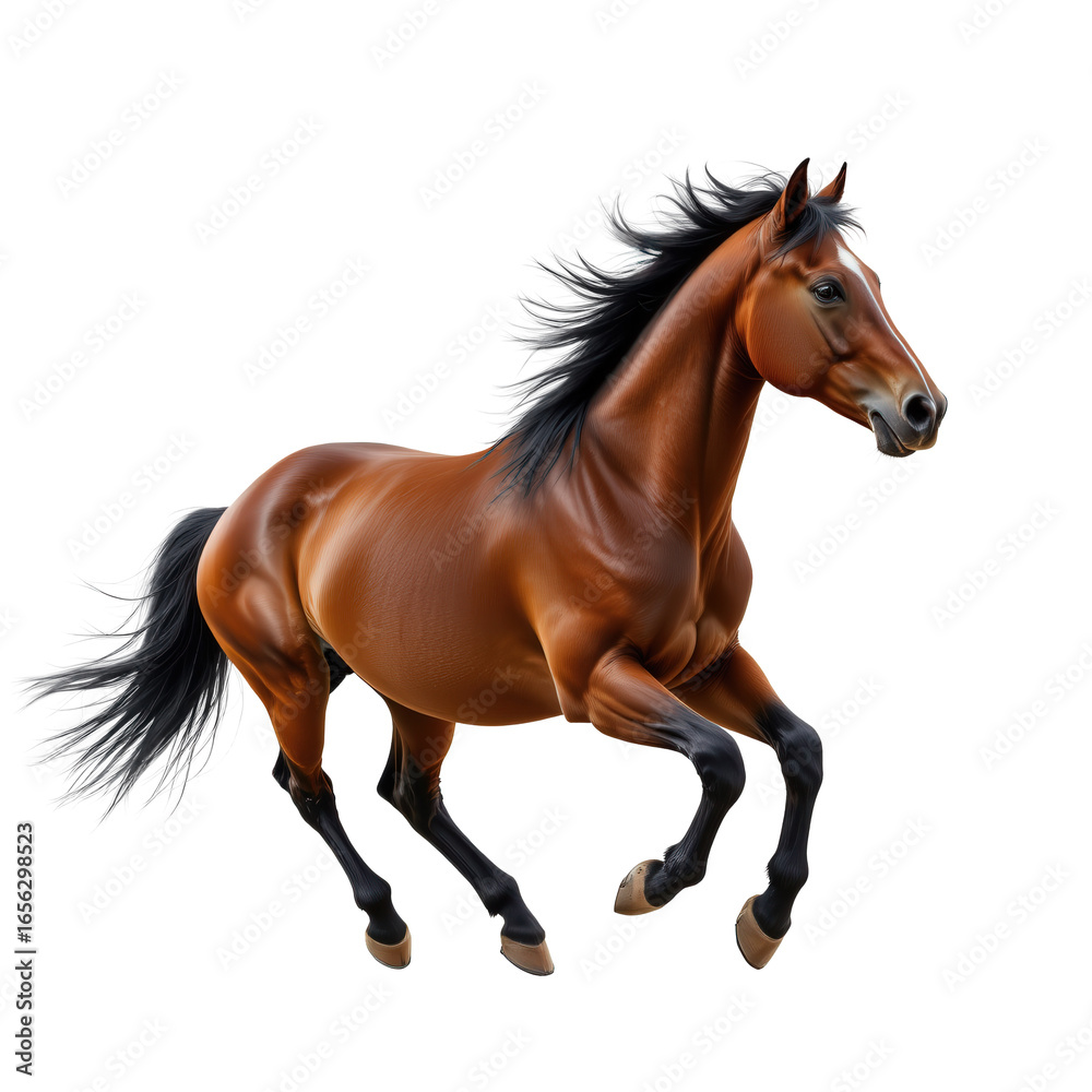 Obraz premium Beautiful brown horse running gracefully through green meadow