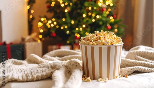 Popcorn, Christmas lights, cozy blanket