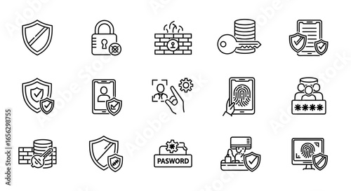 Cybersecurity and data protection line icon set featuring shield lock firewall key biometrics and password symbols for digital safety.