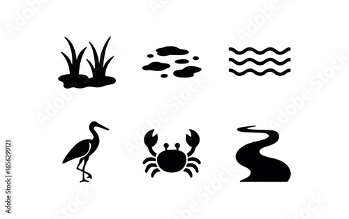 flat black solid icon items isolated on white background wetland (tidal marsh): grass mud tide bird crab channel