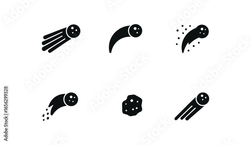 flat black solid icon items isolated on white background space (comet): tail arc glow dust rock streak