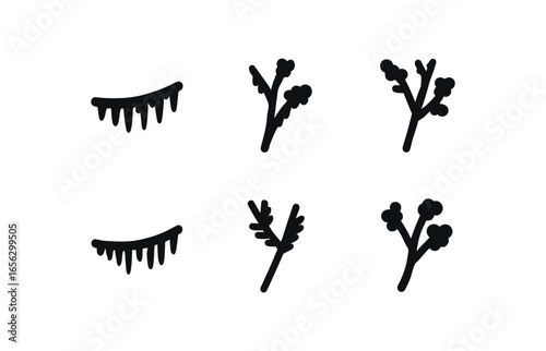 flat black solid icon items isolated on white background weather (rimed branch): frost ice twig white chill crystal