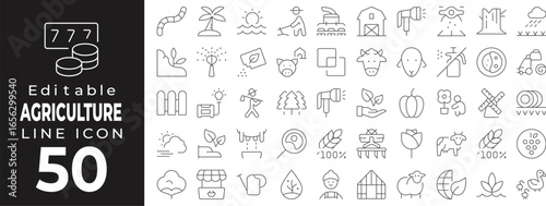 Agriculture and farming set of web icons in line style. Agronomy linear icons collection. Containing farm, plant, crop, barn, tractor, harvest, farmer, greenhouse, wheat, eco, agriculture. Editable