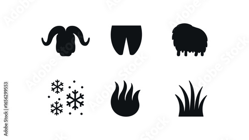 flat black solid icon items isolated on white background animal (muskox): horn hoof fur mane snow grass