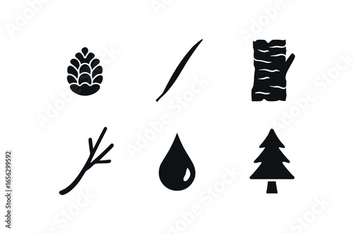 flat black solid icon items isolated on white background tree (pine): cone needle bark branch trunk