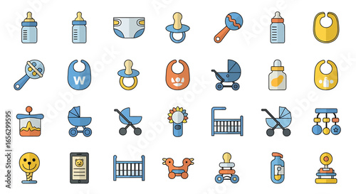 A colorful collection of flat design icons representing newborn baby care and playtime essentials.