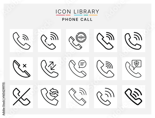 Phone call icon set with communication symbols, incoming and outgoing calls, customer support, hotline, and mobile connection icons