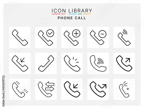 Phone call icon set with communication symbols, incoming and outgoing calls, customer support, hotline, and mobile connection icons
