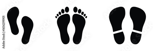 Collection human footprints vector. Footprint icon set. Barefoot footprints, shoe prints, Black Imprint soles shoes icon. Flat design style on white background