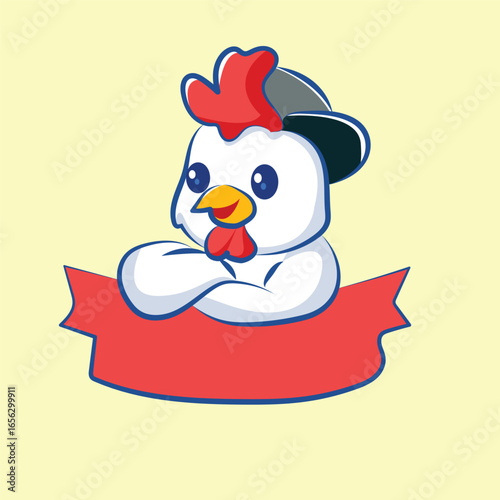 Adorable Rooster Mascot with Blank Ribbon for Text
