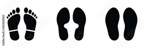 Collection human footprints vector. Footprint icon set. Barefoot footprints, shoe prints, Black Imprint soles shoes icon. Flat design style on white background