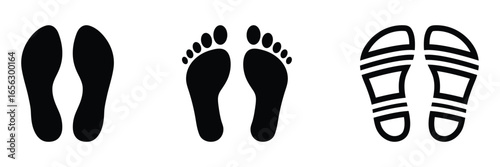 Collection human footprints vector. Footprint icon set. Barefoot footprints, shoe prints, Black Imprint soles shoes icon. Flat design style on white background
