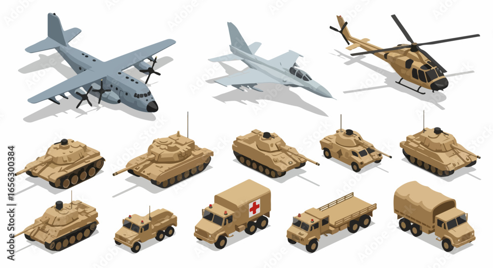 Obraz premium Isometric 3D military transport vehicles, tanks, and aircraft set.