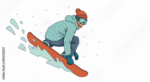 Energetic illustration of a snowboarder wearing a beanie and goggles on an orange board.
