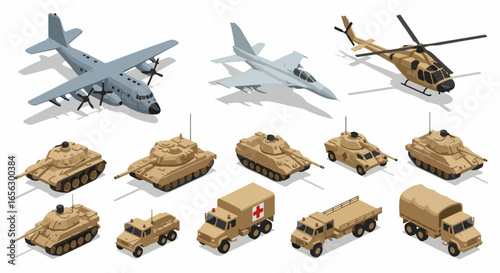 Isometric 3D military transport vehicles, tanks, and aircraft set.