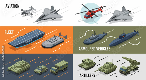 Isometric Illustration of Various Military Vehicles and Aircraft.