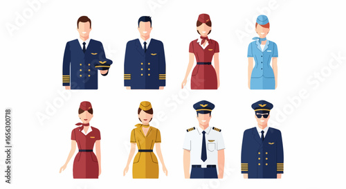Diverse Aviation Crew Uniforms Featuring Pilots and Flight Attendants.