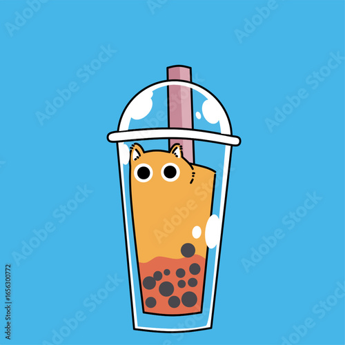 Cute cartoon cat inside bubble tea cup with straw and tapioca pearls. Adorable kawaii animal drink illustration perfect for stickers and merchandise.
