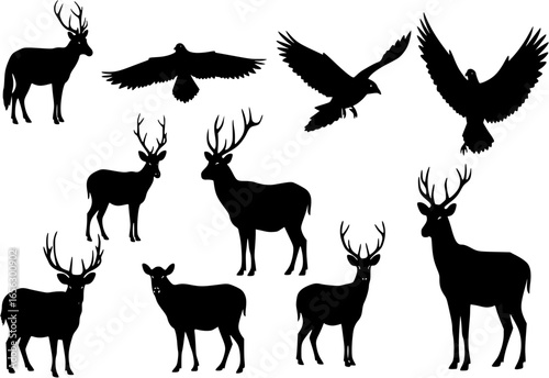 Vector set of northern animals silhouettes. Set of winter animals. Merry Christmas and New year. Design element poster, banner, invitation, congratulations, postcards