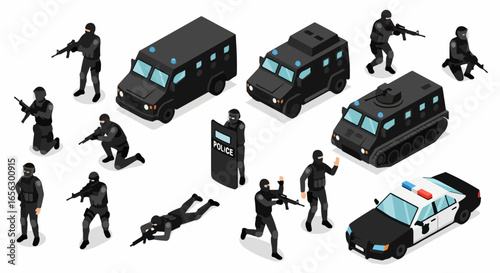 SWAT Team and Armored Vehicles in Isometric View.