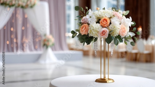 Beautiful flower arrangement adorns wedding reception hall, creating a celebratory and romantic ambiance