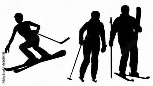 Silhouette of skiers and snowboarders engaging in winter sports on a snowy mountain landscape scene view