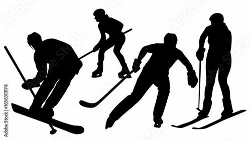 Silhouette depiction of skiers and hockey players in action on a white background in an illustration