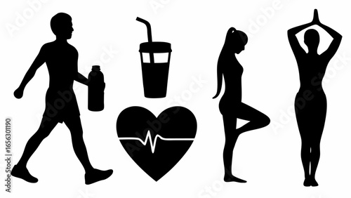 Silhouettes depicting health and wellness with a man a drink a heart and two yoga poses in black