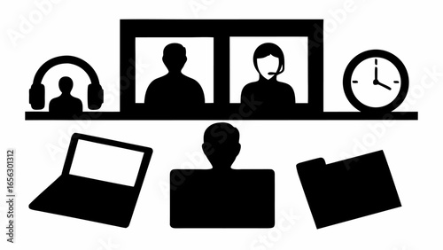 Illustration of a virtual meeting setup with laptop, clock, and people on a video conference screen silhouette