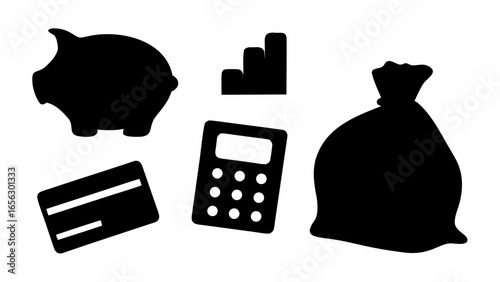 Illustration of a piggy bank, credit card, calculator, graph and money bag representing finances and savings silhouette