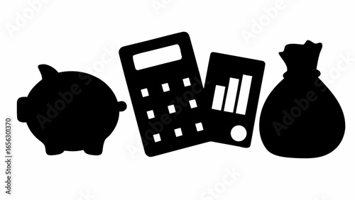 Illustration of a piggy bank, calculator, graph and money bag representing financial planning silhouette