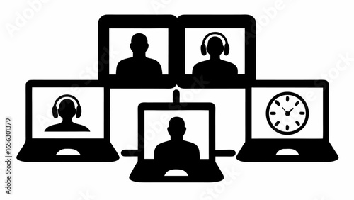 Five laptops displaying video conference participants and a clock in black and white design style silhouette