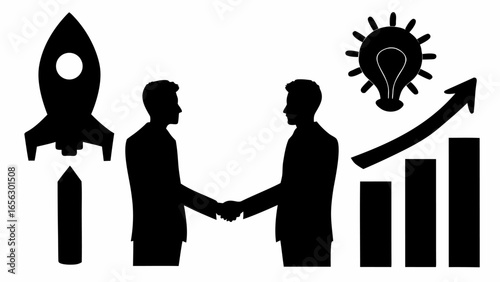 Business deal with rocket launch, lightbulb idea, and growth chart in black silhouette illustration