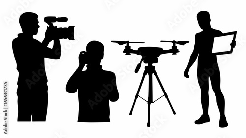 Silhouette of three individuals filming with a camera drone and holding a frame on a white background