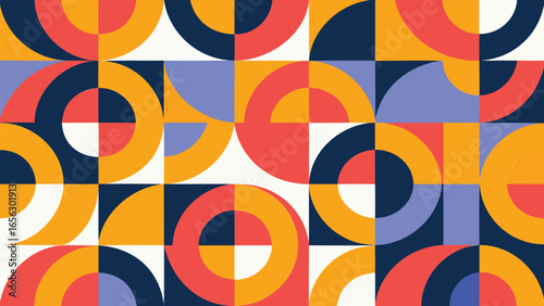 Geometric pattern with circles and squares in orange blue red and white colors forming a mosaic like design