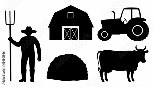 Illustration showing a farmer with pitchfork, barn, tractor, haystack, and a cow in black silhouette