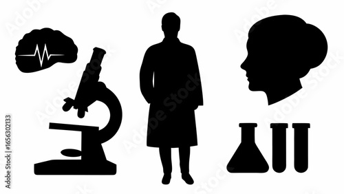 Silhouette of medical professional with brain wave microscope and flasks for science and research work
