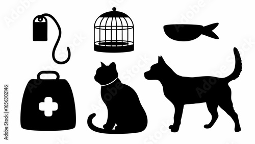 Silhouette illustration of pet supplies including a cat dog fish and birdcage in black and white