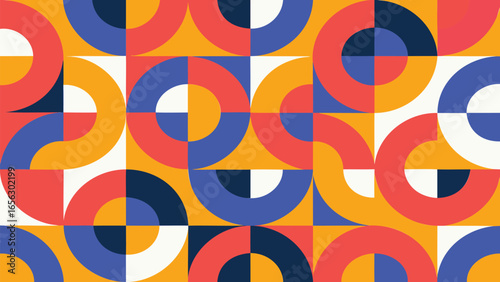 Geometric pattern featuring circles, squares, and semicircles in red, blue, yellow, and white hues